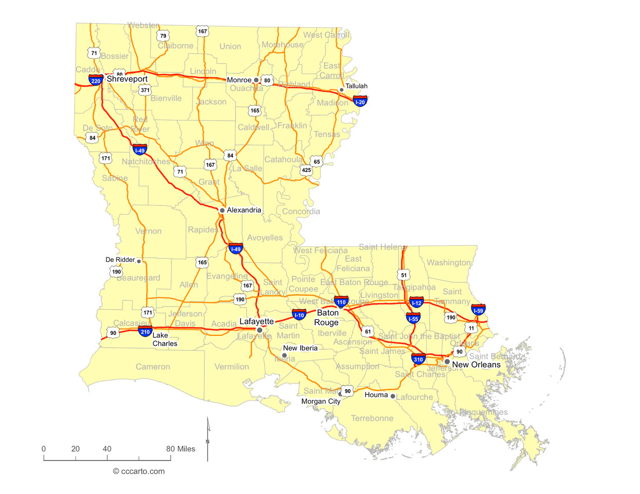 Louisiana Interstates and U.S. Hwys Road Map