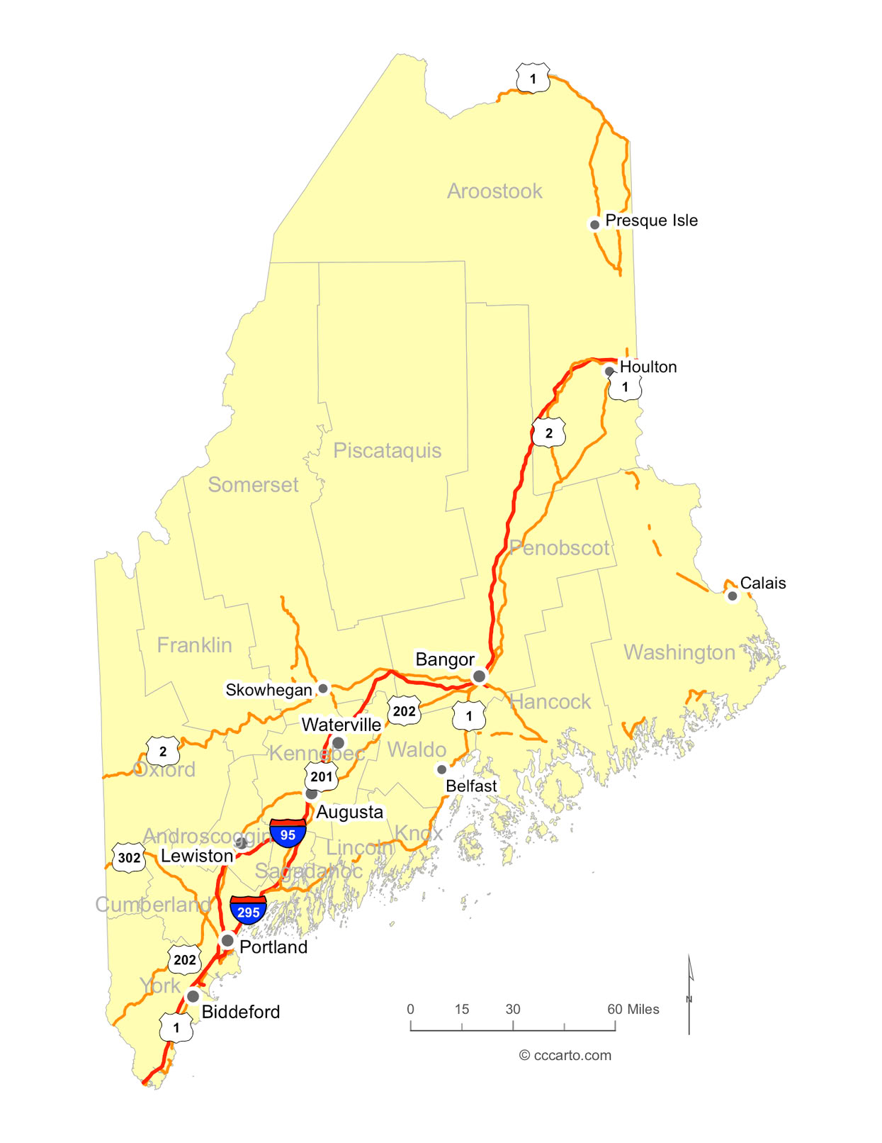 Maine Interstates and U.S. Hwys Road Map