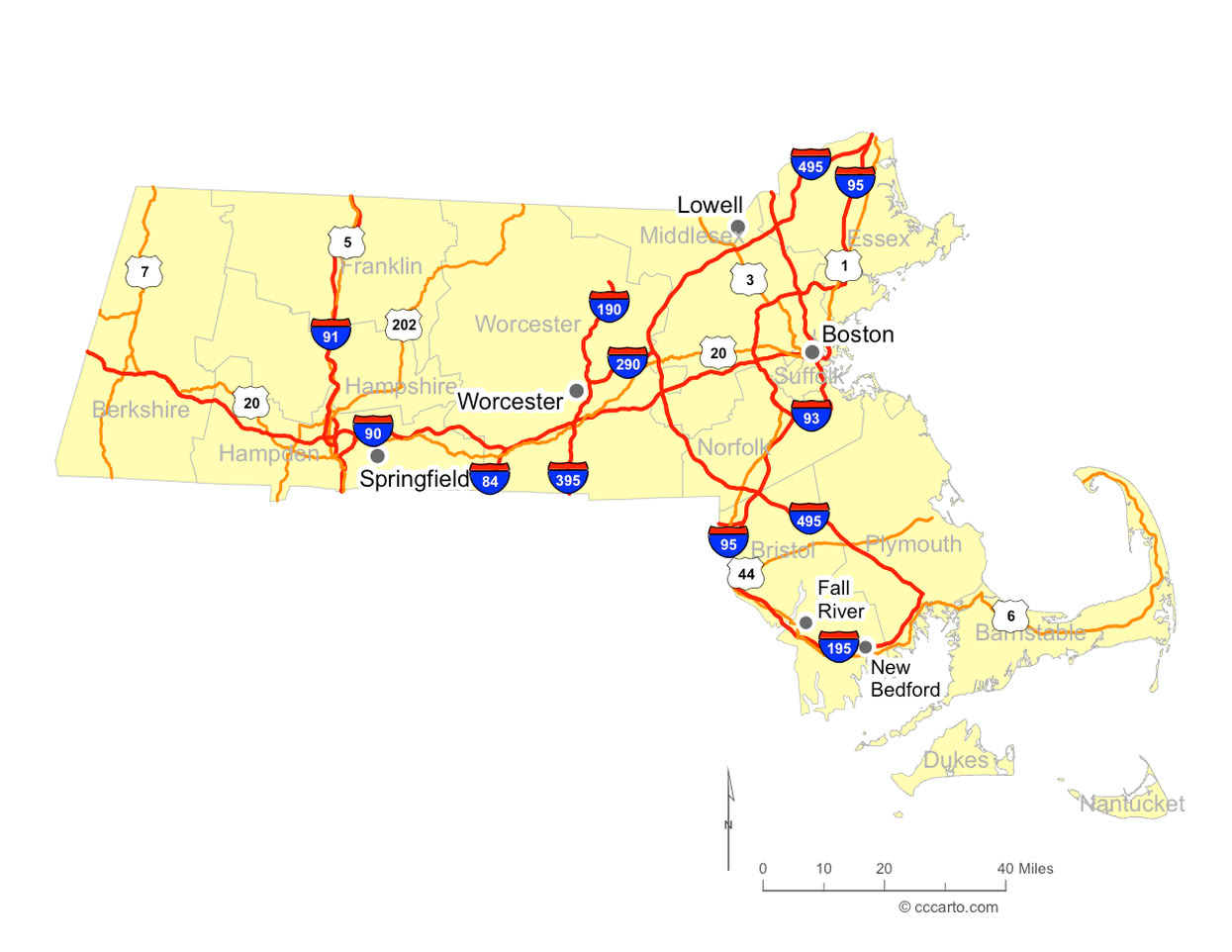 Massachusetts Interstates and U.S. Hwys Road Map