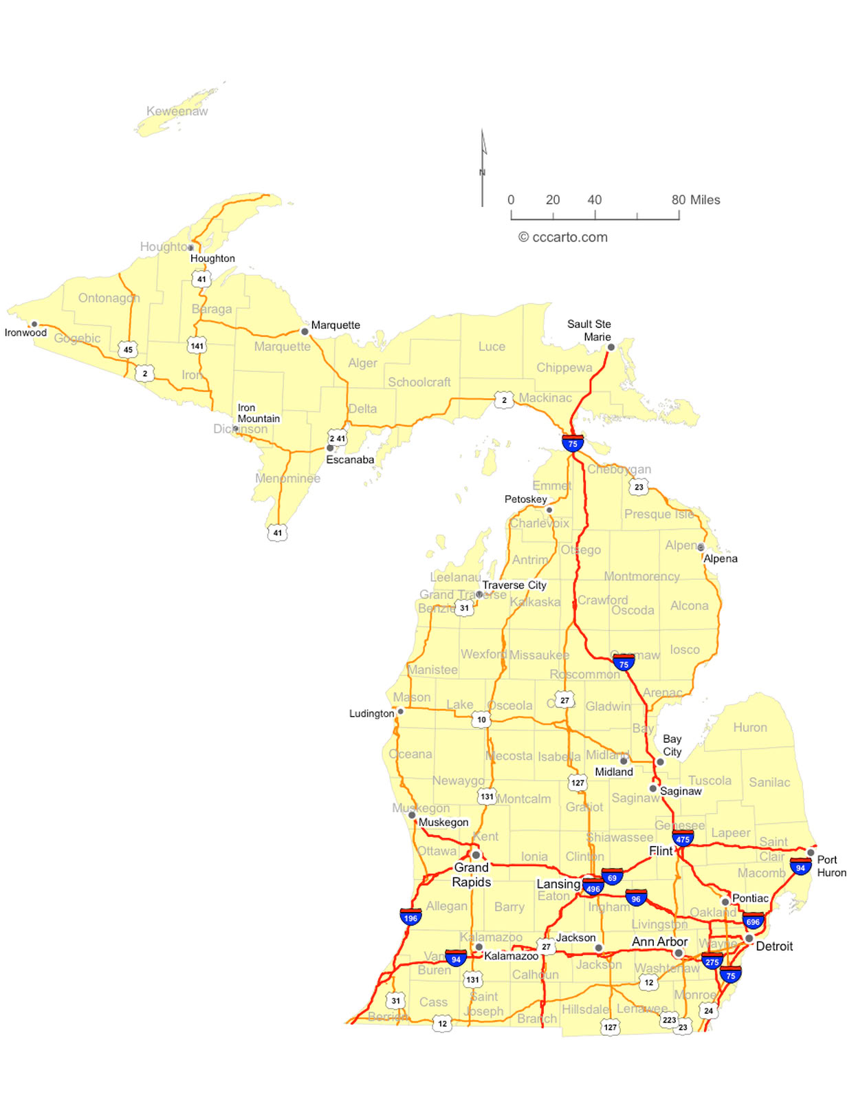 Michigan Interstates and U.S. Hwys Road Map
