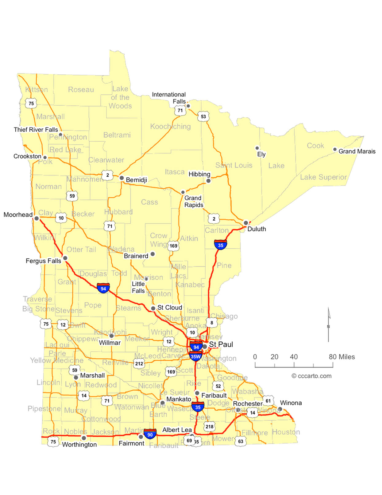 Minnesota Interstates and U.S. Hwys Road Map