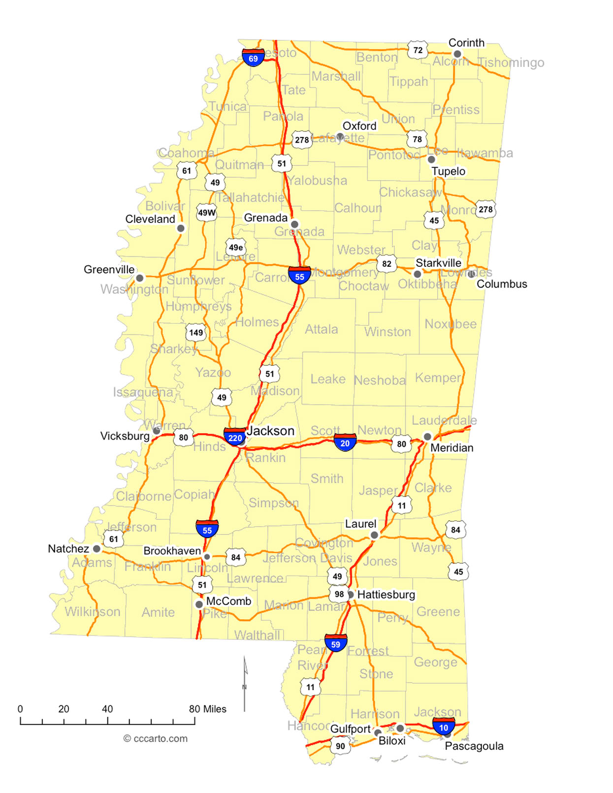 Mississippi Interstates and U.S. Hwys Road Map