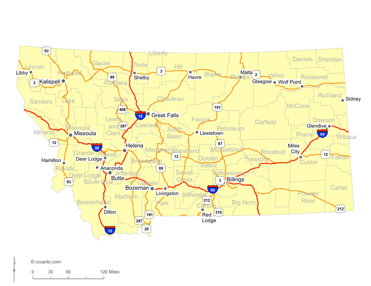 Montana Interstates and U.S. Hwys Road Map