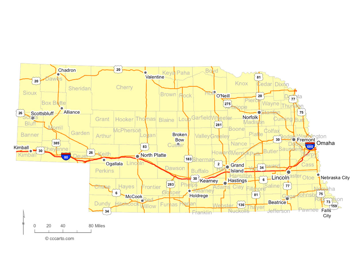 Nebraska Interstates and U.S. Hwys Road Map