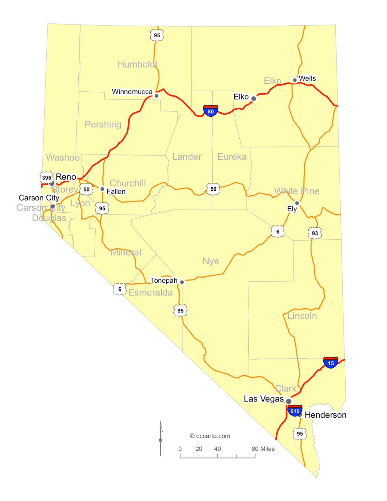 Nevada Interstates and U.S. Hwys Road Map