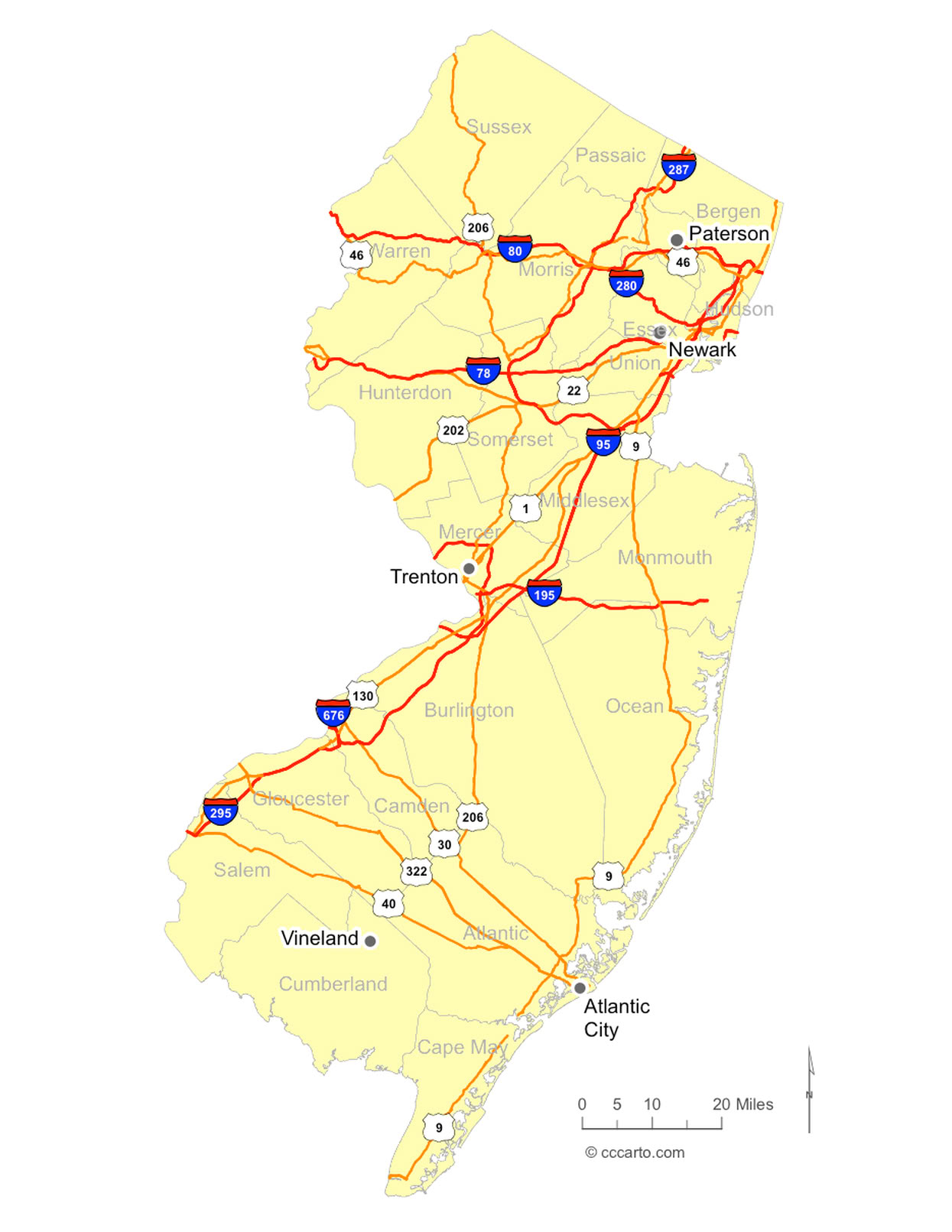 New Jersey Interstates and U.S. Hwys Road Map