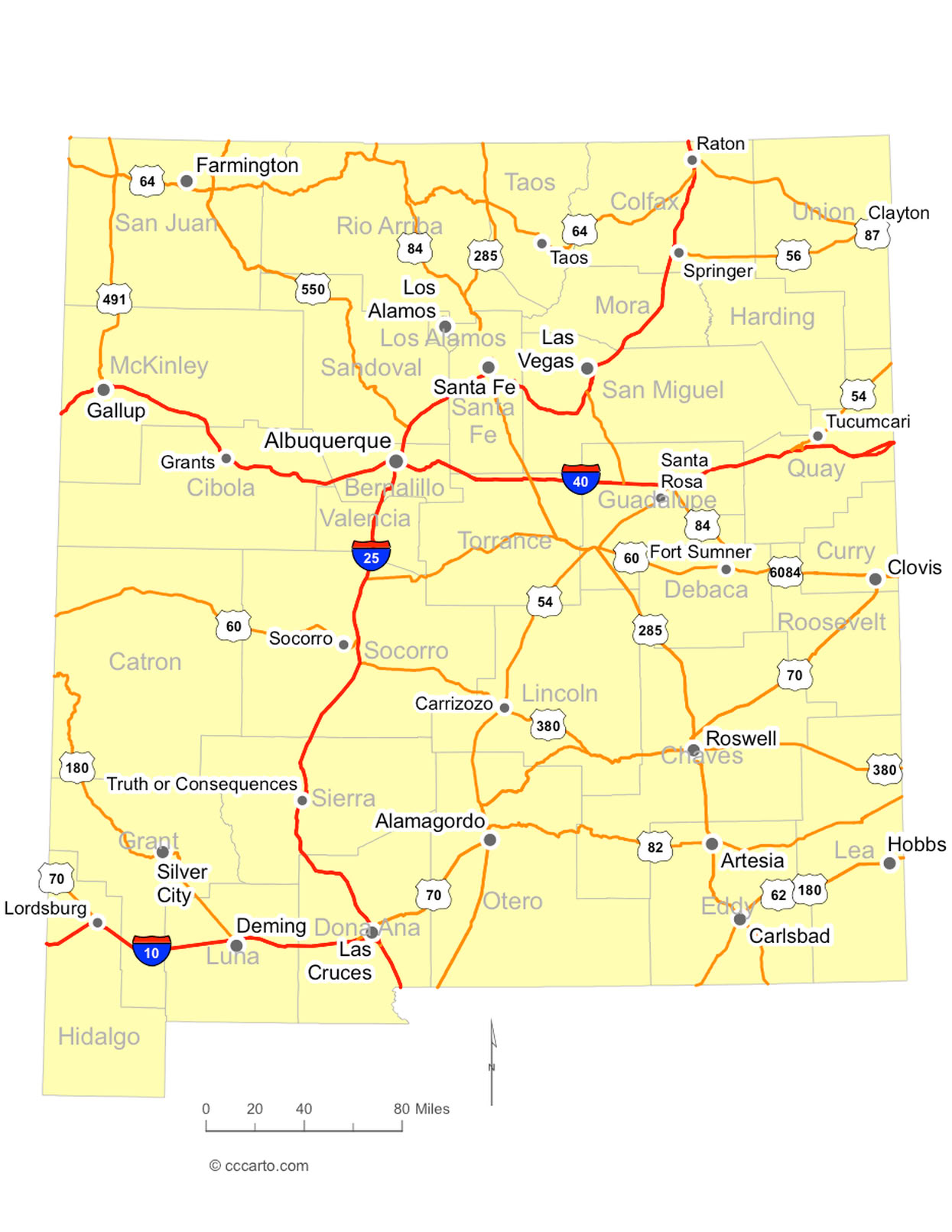 New Mexico Interstates and U.S. Hwys Road Map
