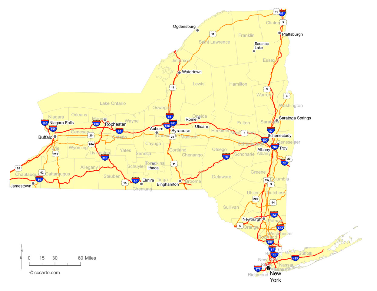 NY Cities and NY Interstates and U.S. Hwys Road Map