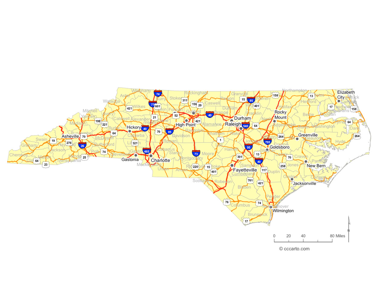 North Carolina Interstates and U.S. Hwys Road Map