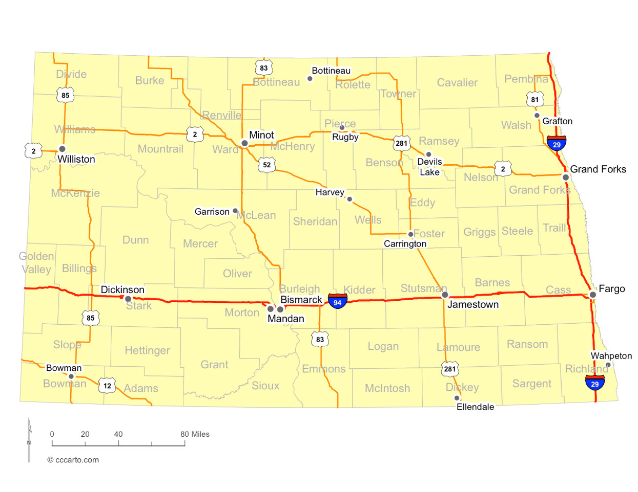 North Dakota Cities and North Dakota Interstates and U.S. Hwys Road Map