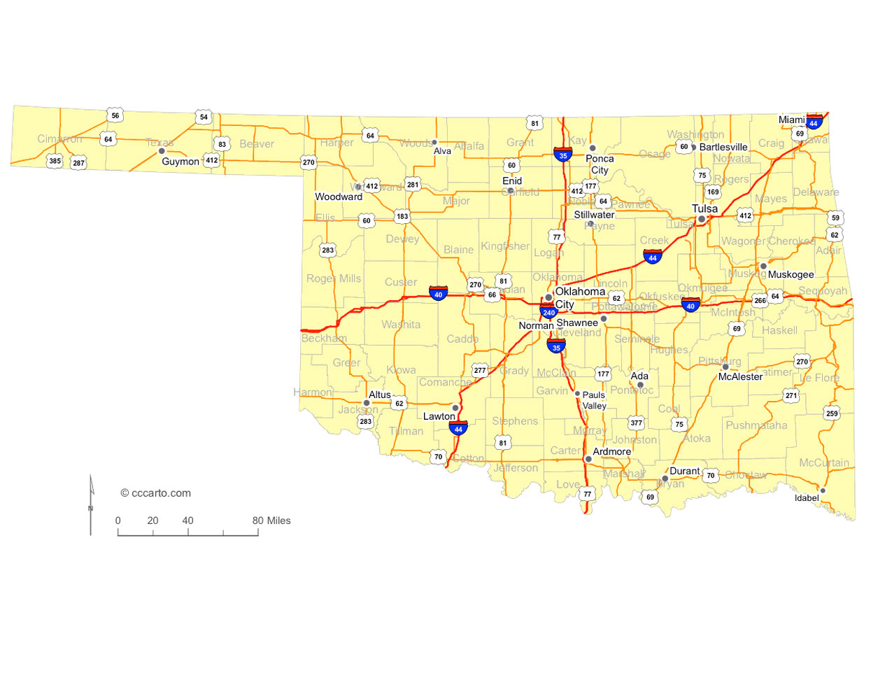 Oklahoma Interstates and U.S. Hwys Road Map
