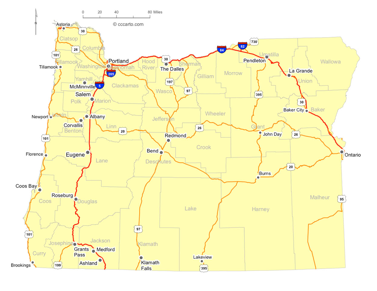 Oregon Cities,  Interstates, and U.S. Hwys Road Map