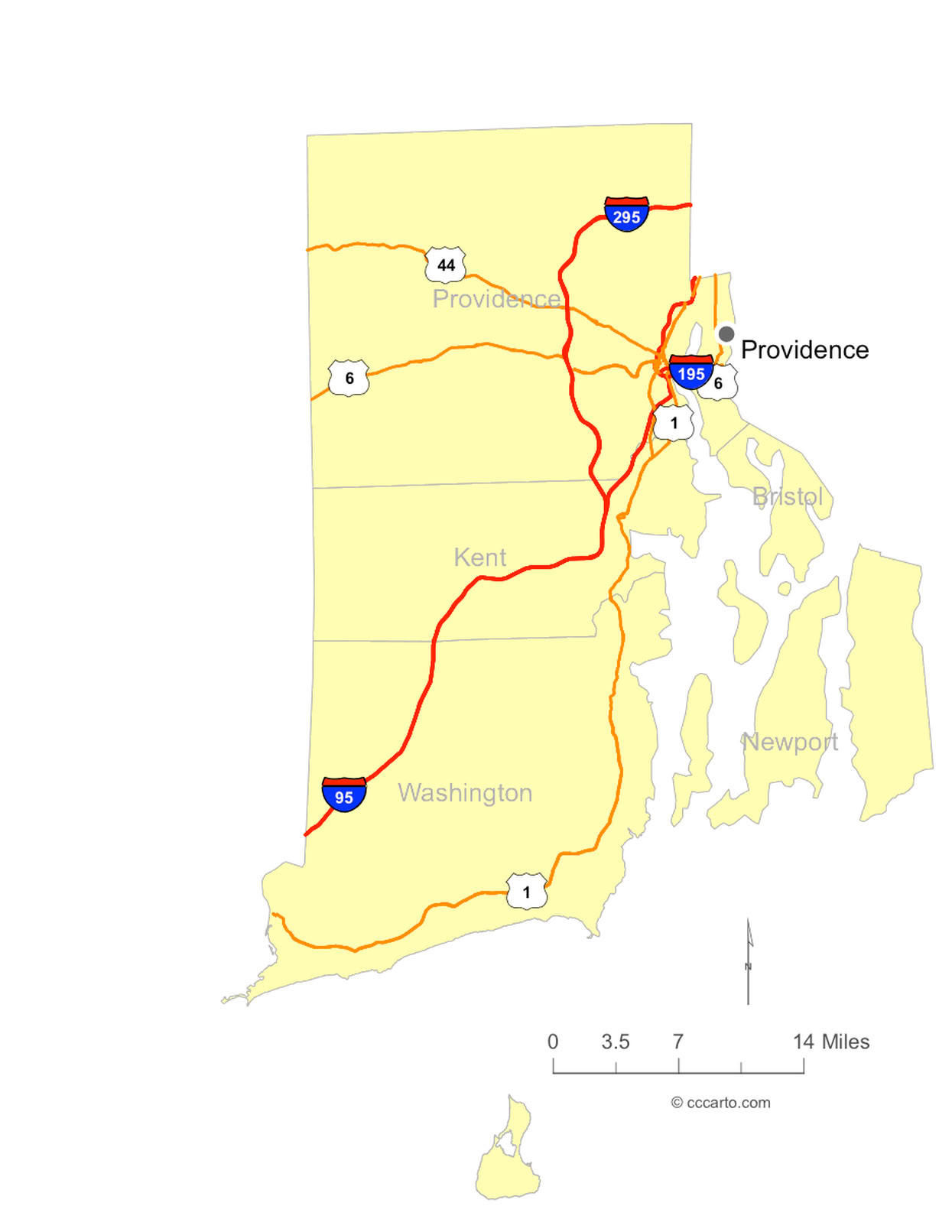 RI Cities and RI Interstates and U.S. Hwys Road Map