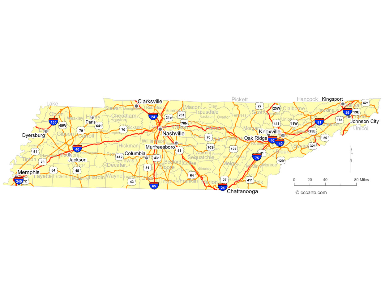 TN Cities and TN Interstates and U.S. Hwys Road Map