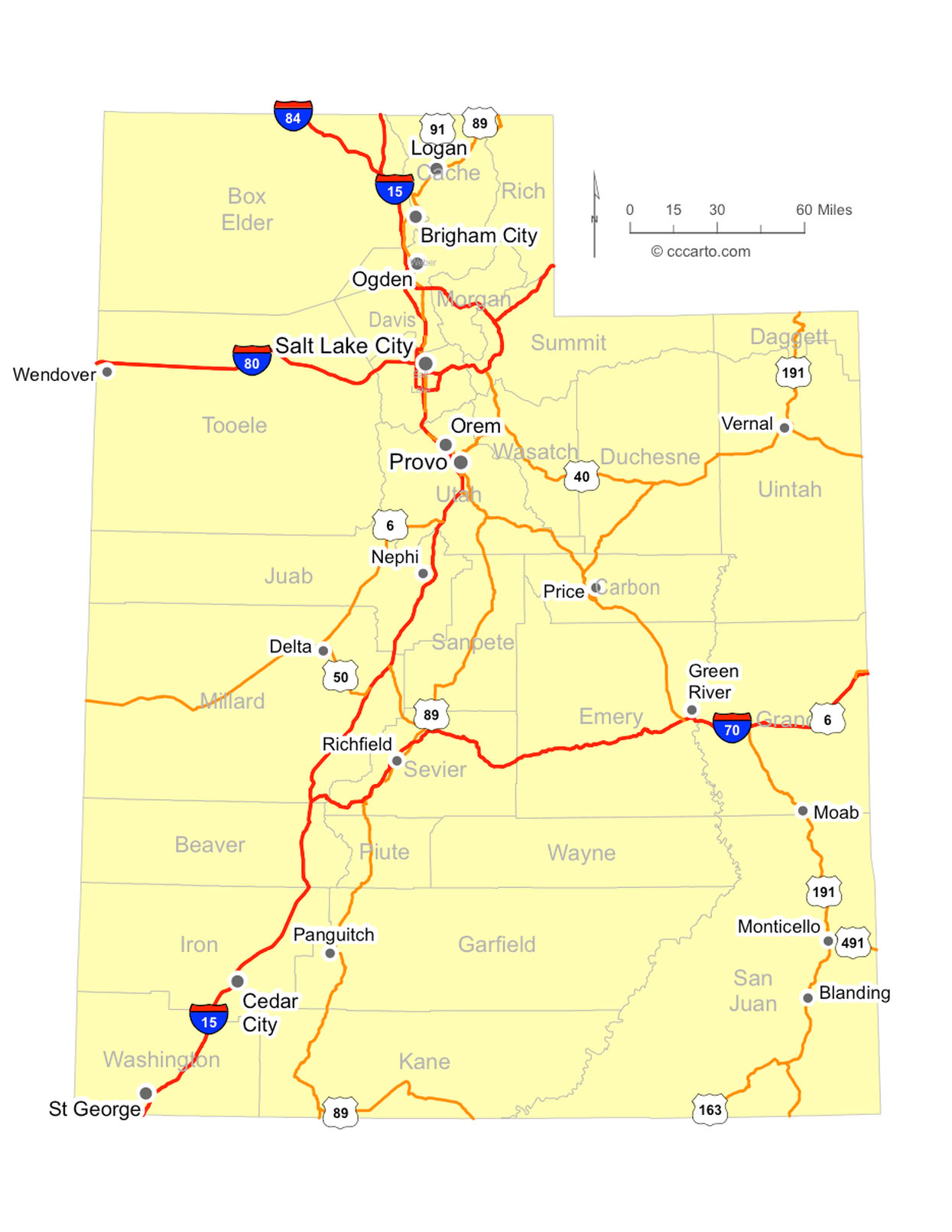 Utah Interstates and U.S. Hwys Road Map