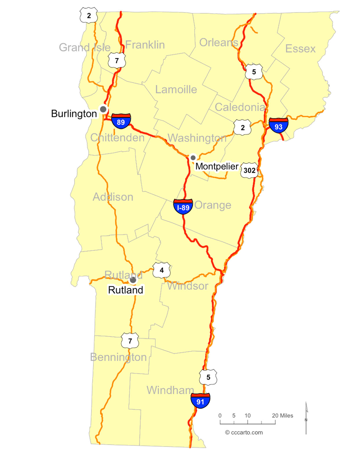 VT Cities and VT Interstates and U.S. Hwys Road Map