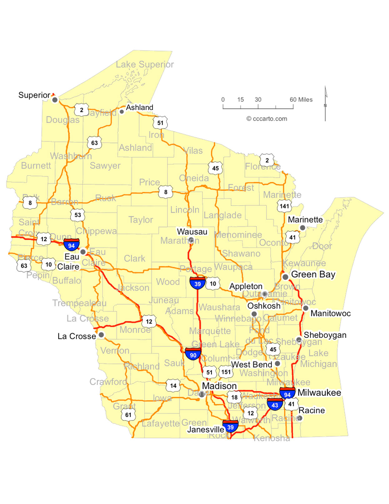 WI Cities and WI Interstates and U.S. Hwys Road Map