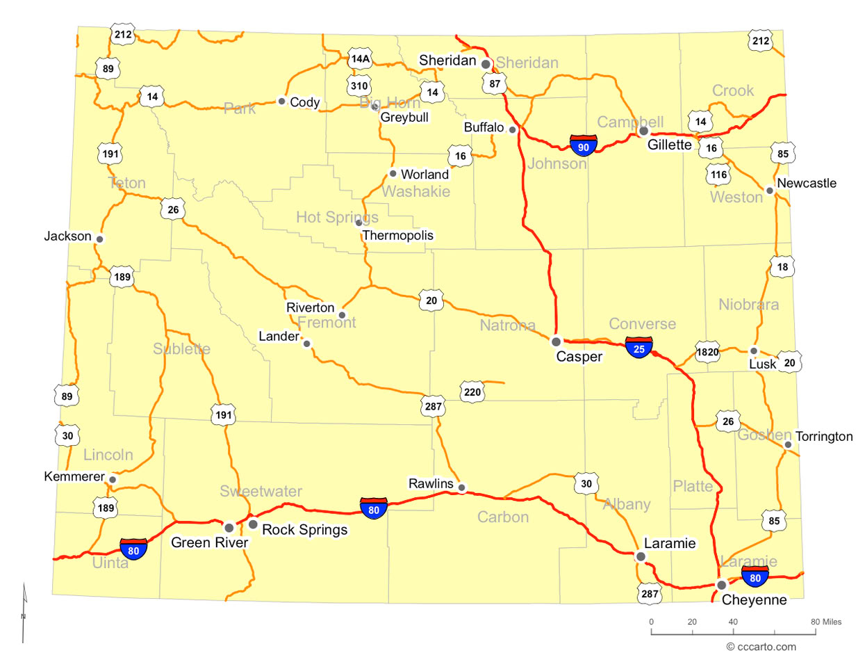 WY Cities and WY Interstates and U.S. Hwys Road Map