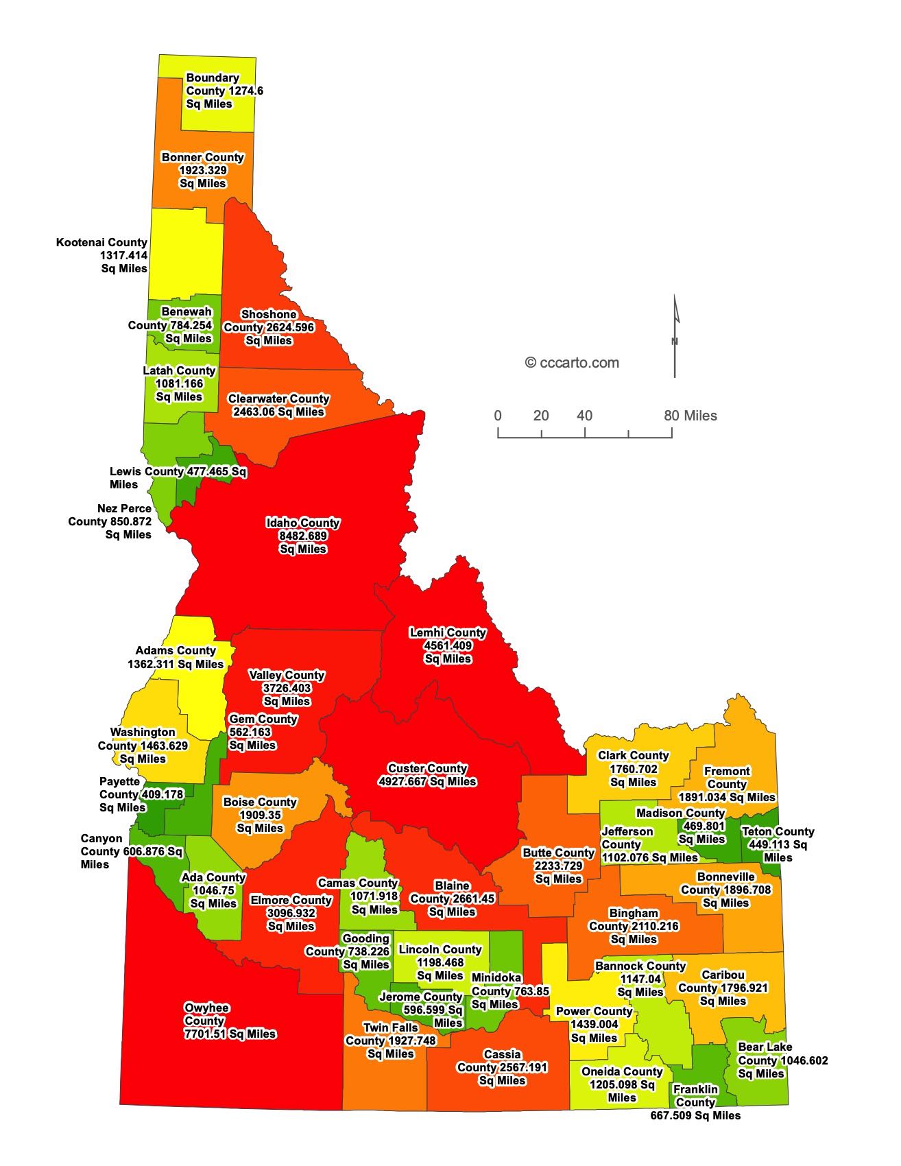 Idaho County Sizes Map