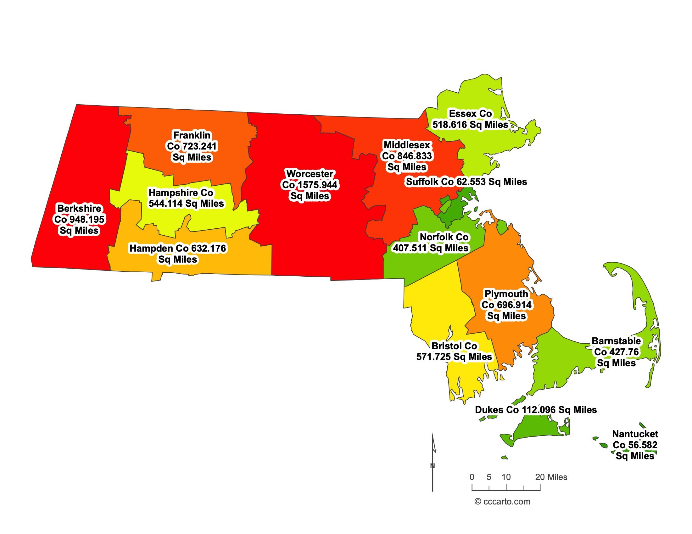 Massachusetts County Sizes Map