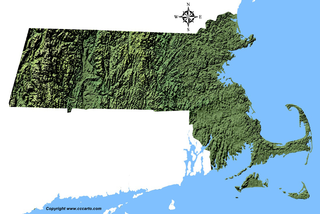 Massachusetts State Shaded Deep Relief Map