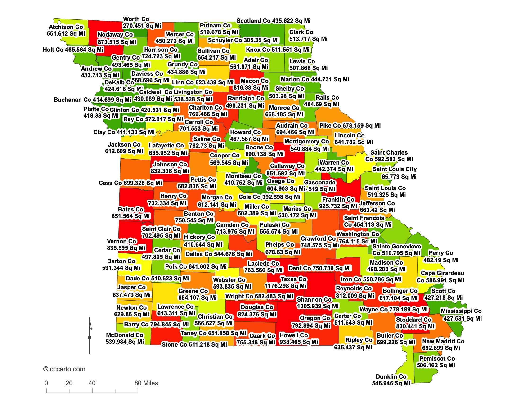 Missouri County Sizes Map