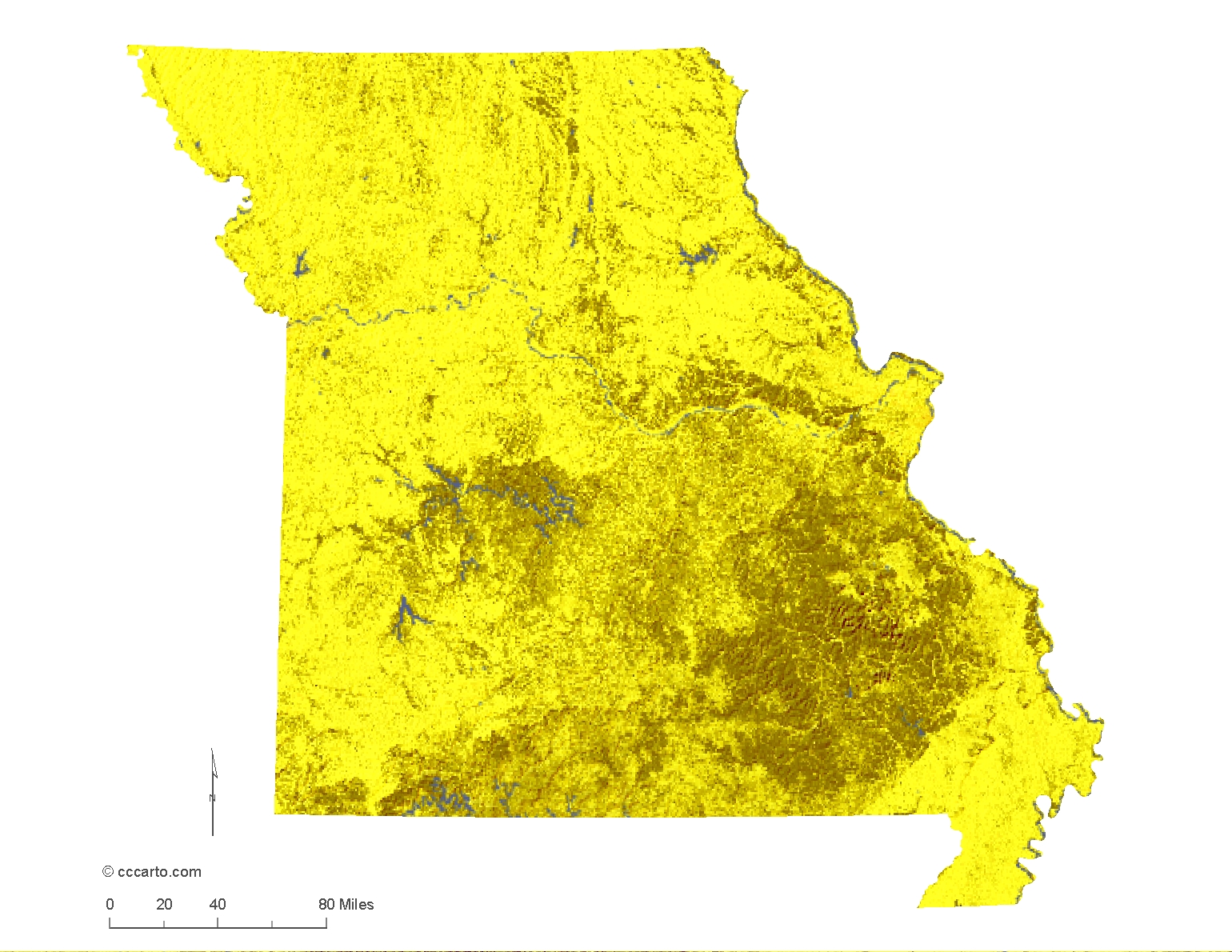 Missouri State Shaded Deep Relief Map