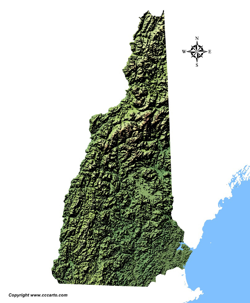 New Hampshire State Shaded Relief Map