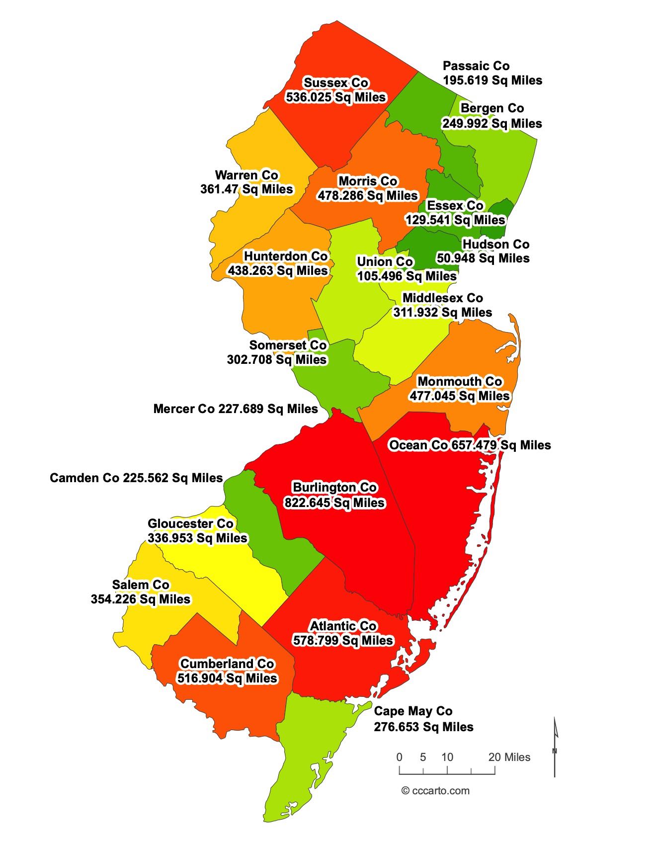 New Jersey County Sizes Map