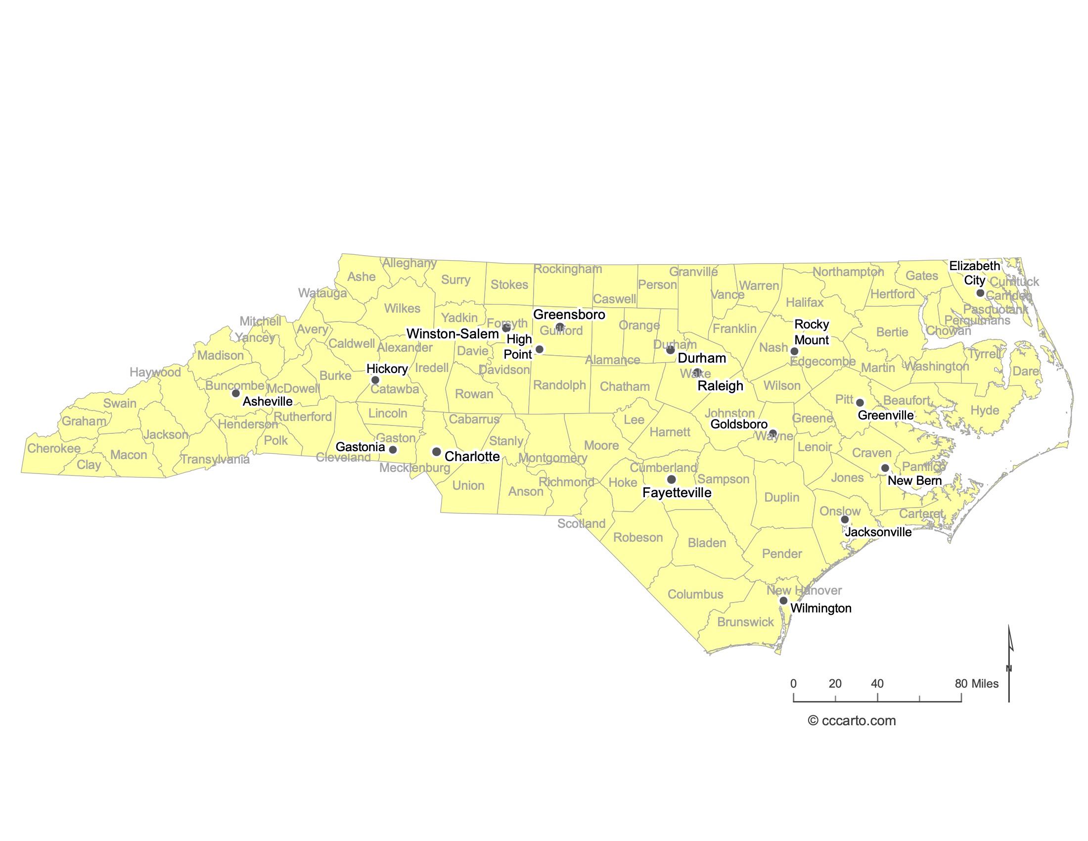 North Carolina Major Cities Map