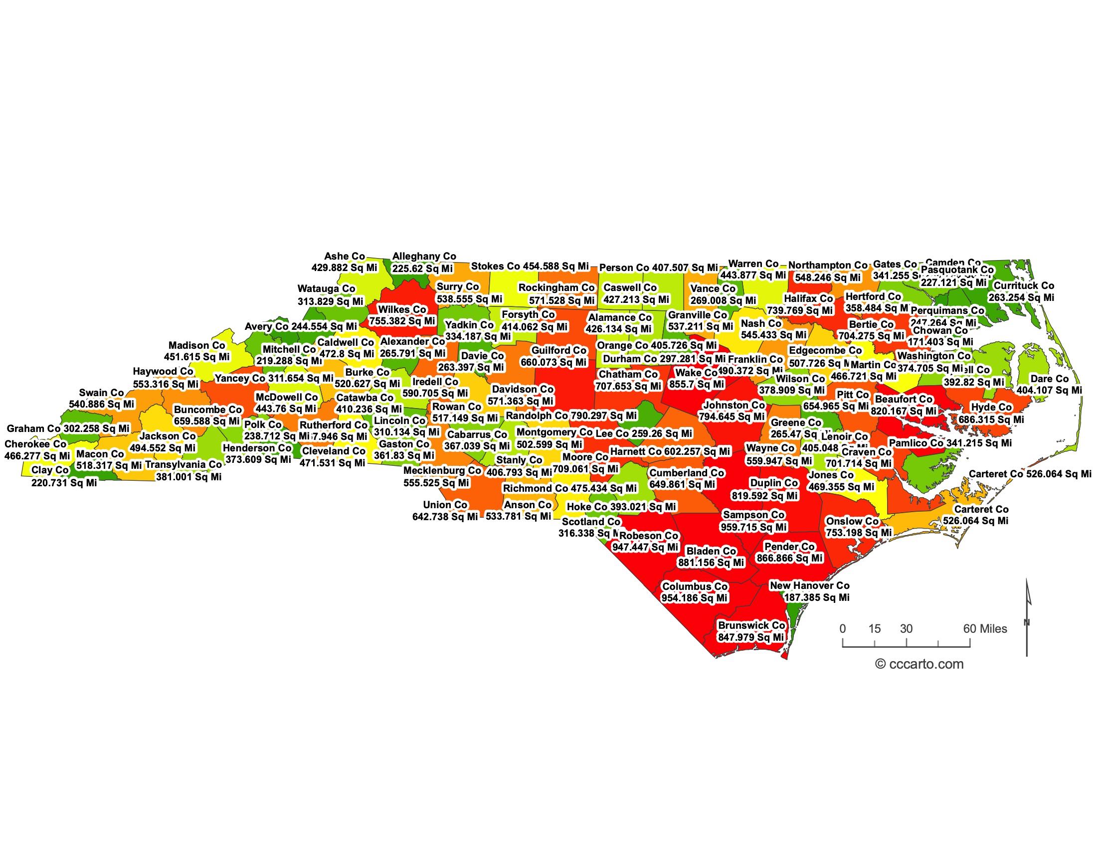 North Carolina County Sizes Map