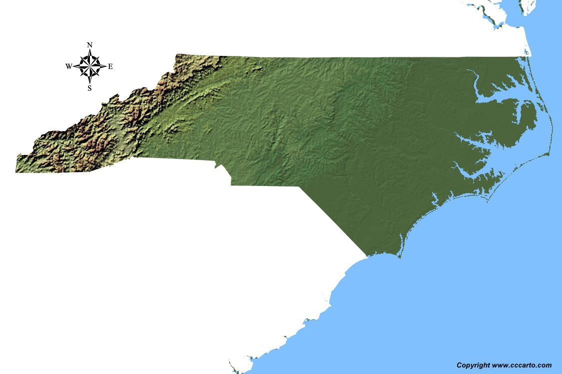 North Carolina State Shaded Relief Map