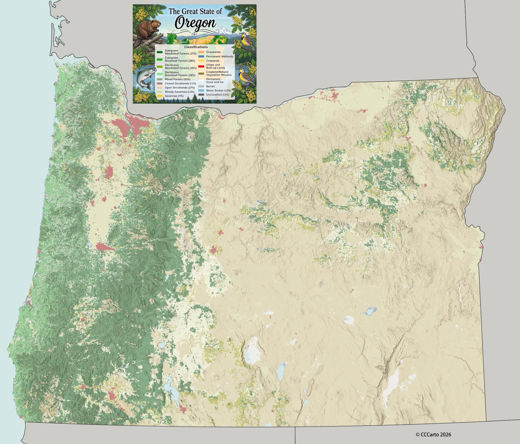 Oregon State Shaded Relief Map