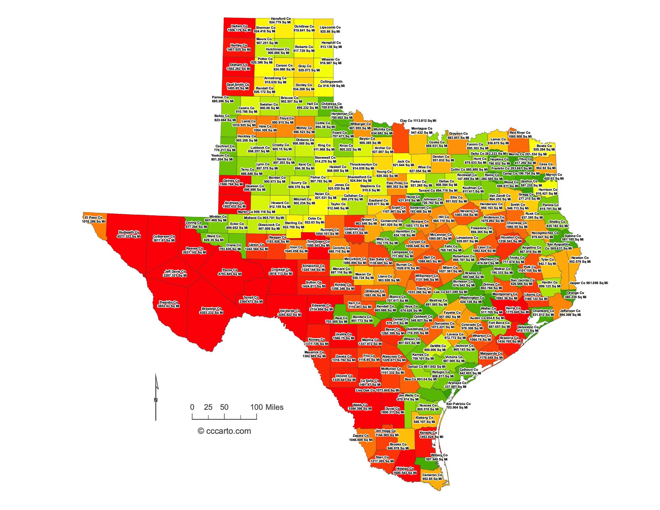 Texas County Sizes Map