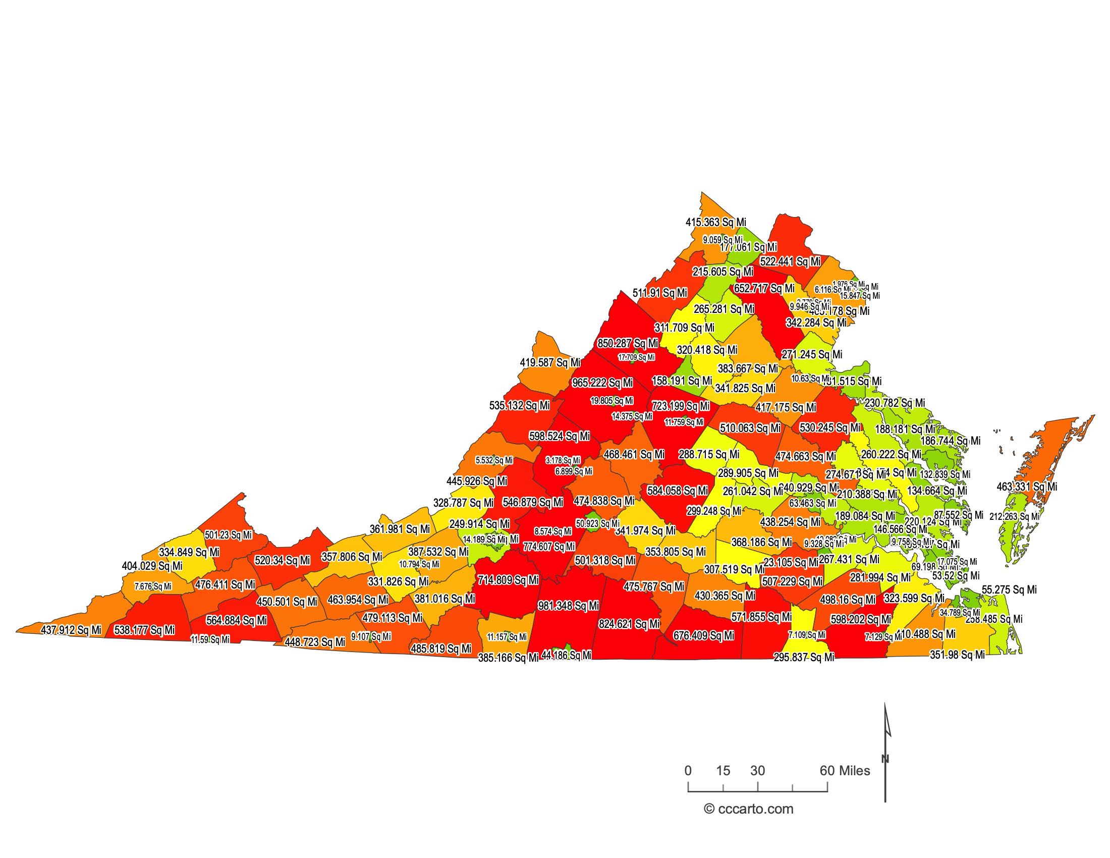 Virginia County Sizes Map