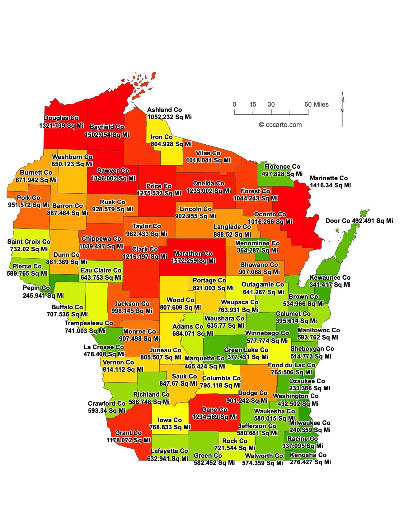 Wisconsin County Sizes Map