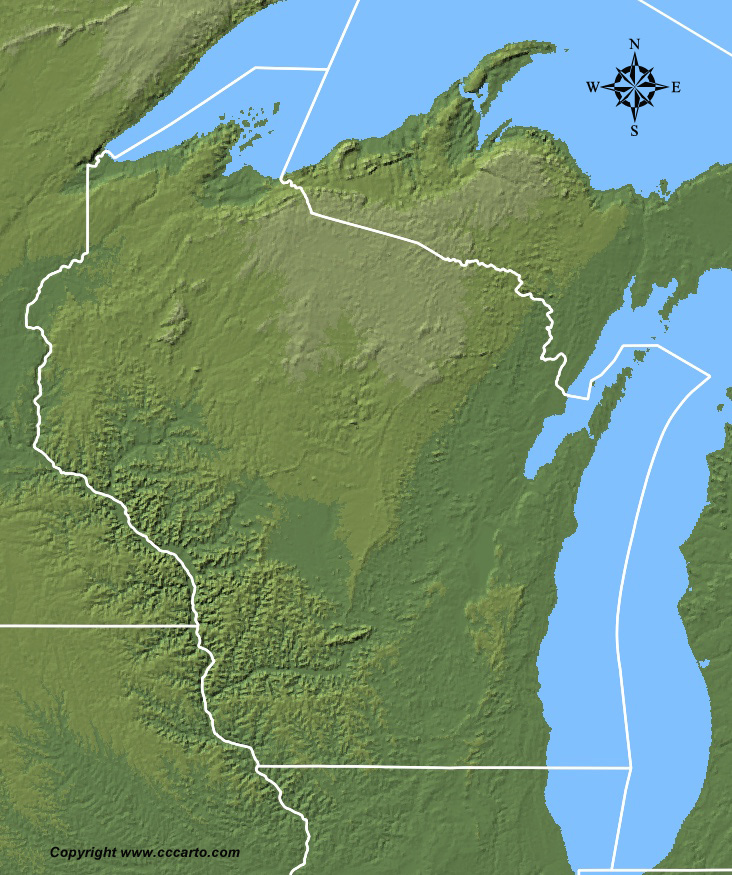 Wisconsin State Shaded Deep Relief Map