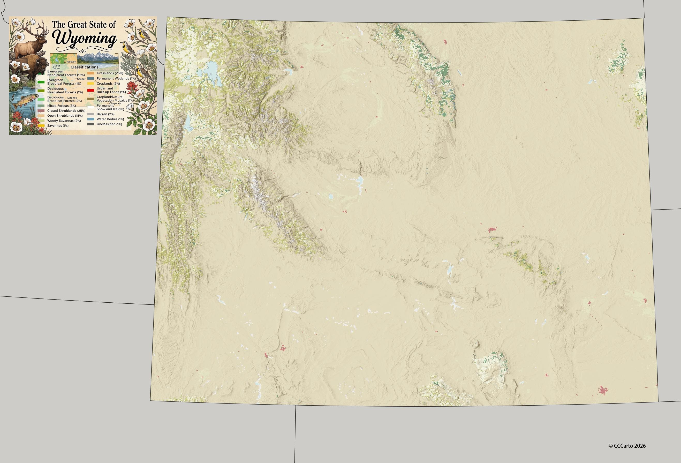 Wyoming State Shaded Relief Map