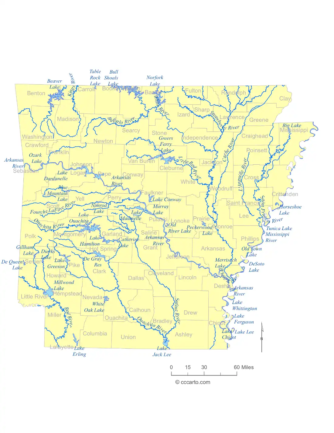 Arkansas Lakes and Rivers State Map