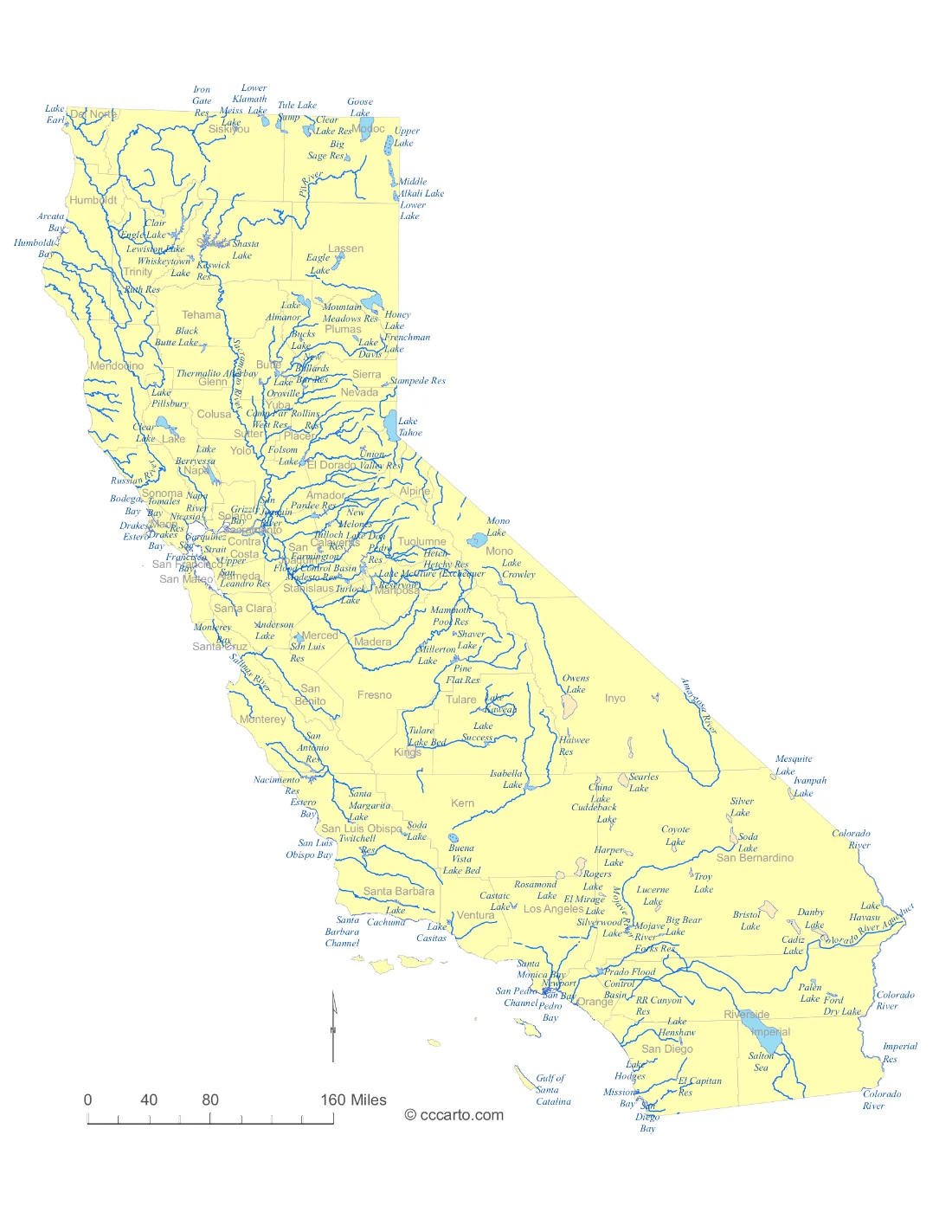 California Lakes and Rivers State Map