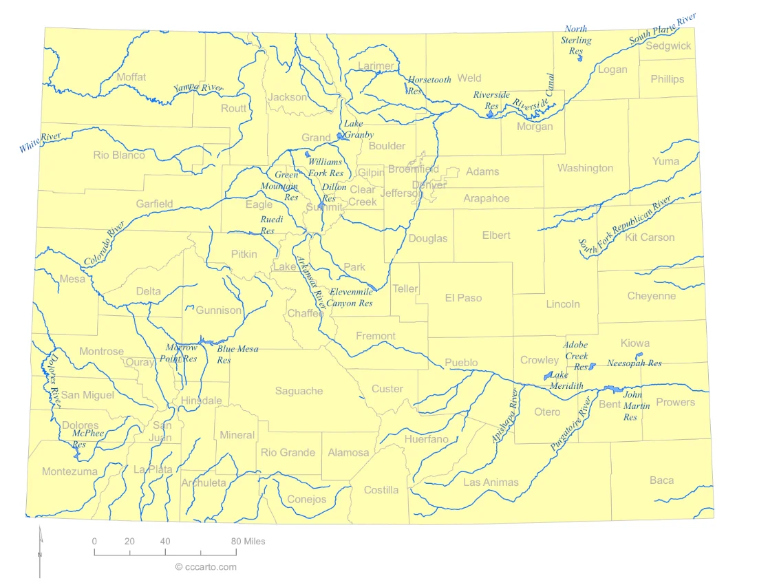 Colorado Lakes and Rivers State Map