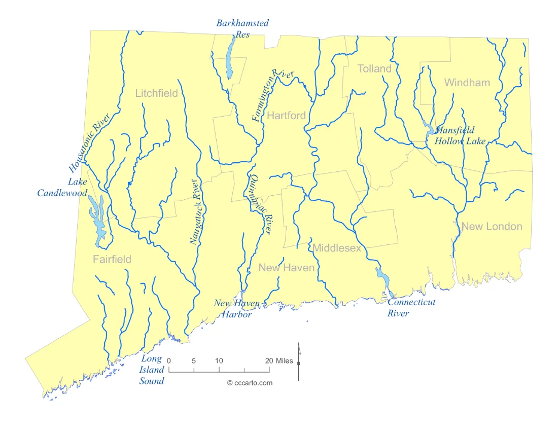 Connecticut Lakes and Rivers State Map