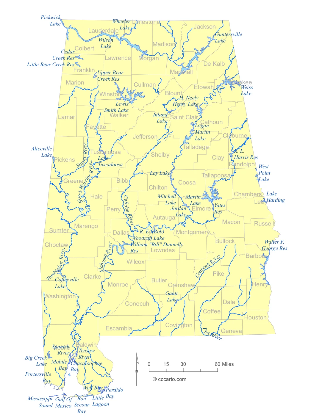 Alabama Lakes and Rivers State Map