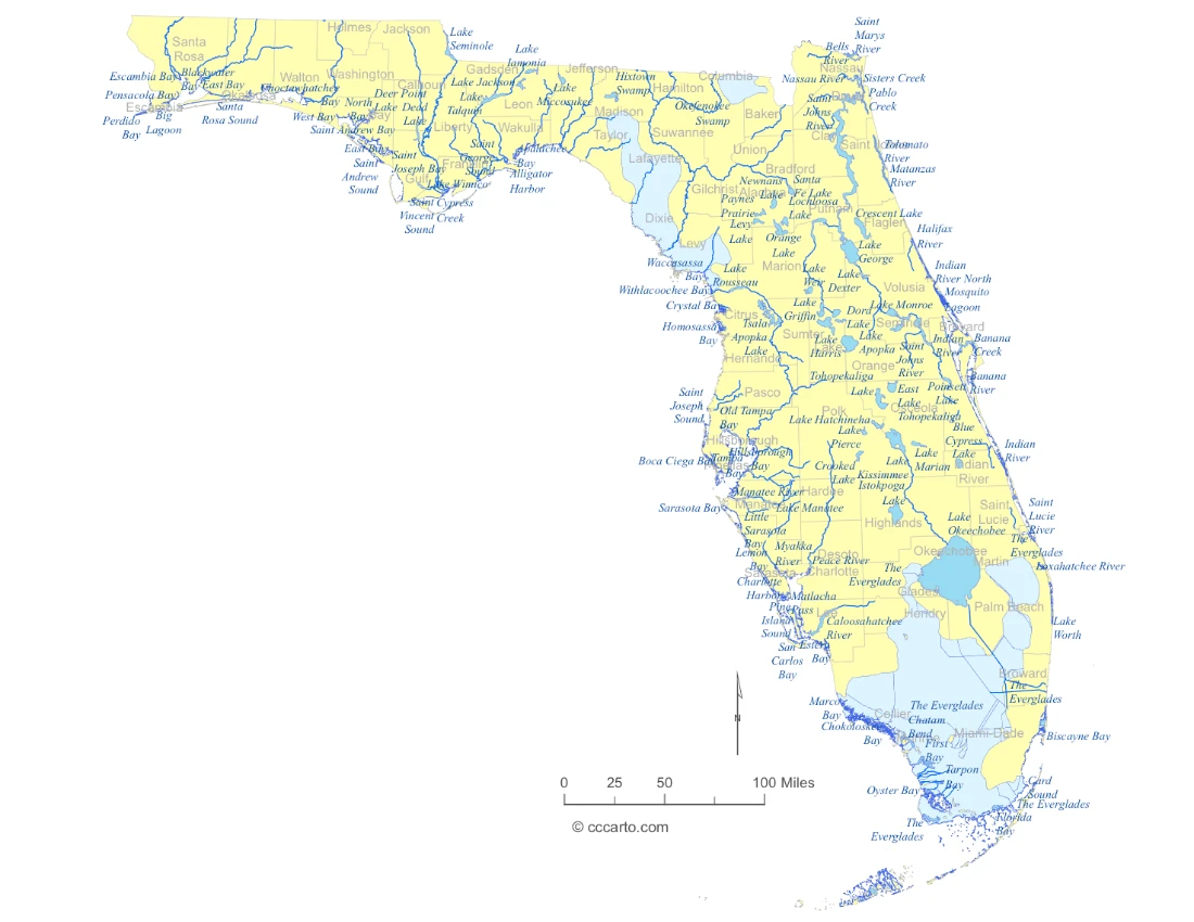 Florida Lakes and Rivers State Map