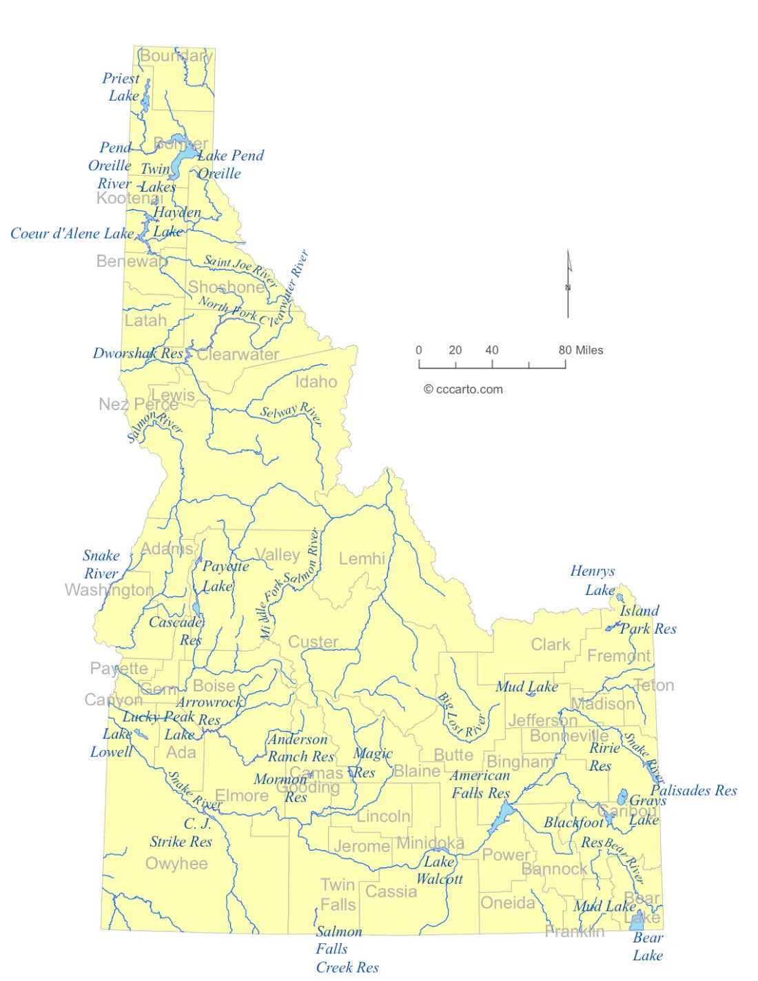 Idaho Lakes and Rivers State Map