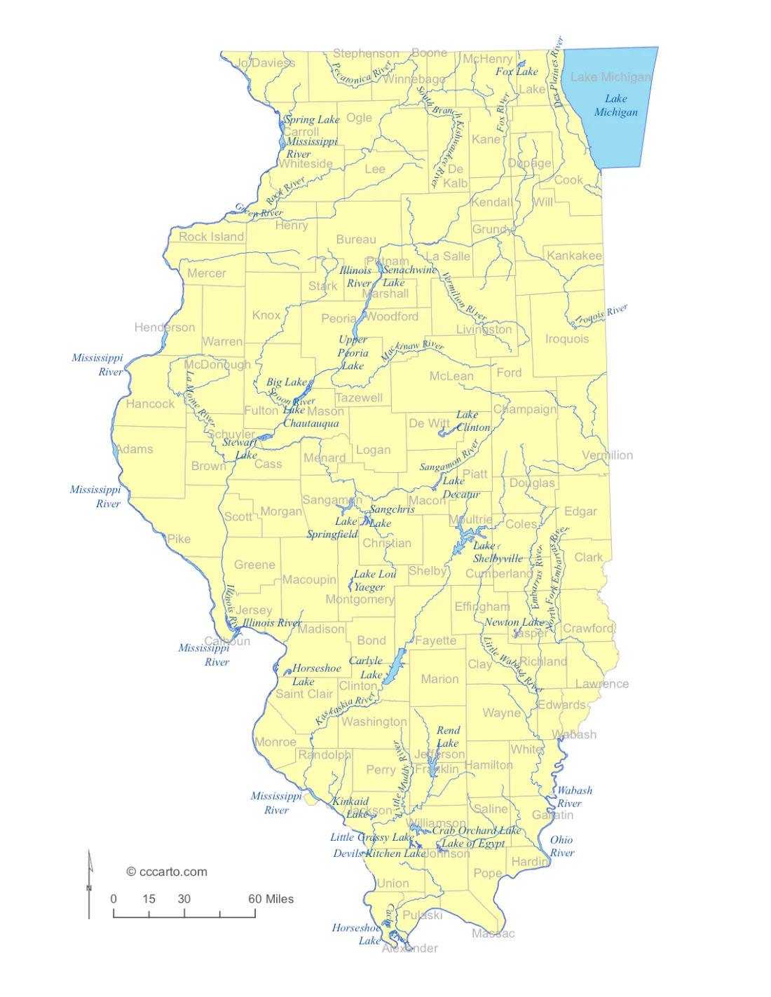 Illinois Lakes and Rivers State Map