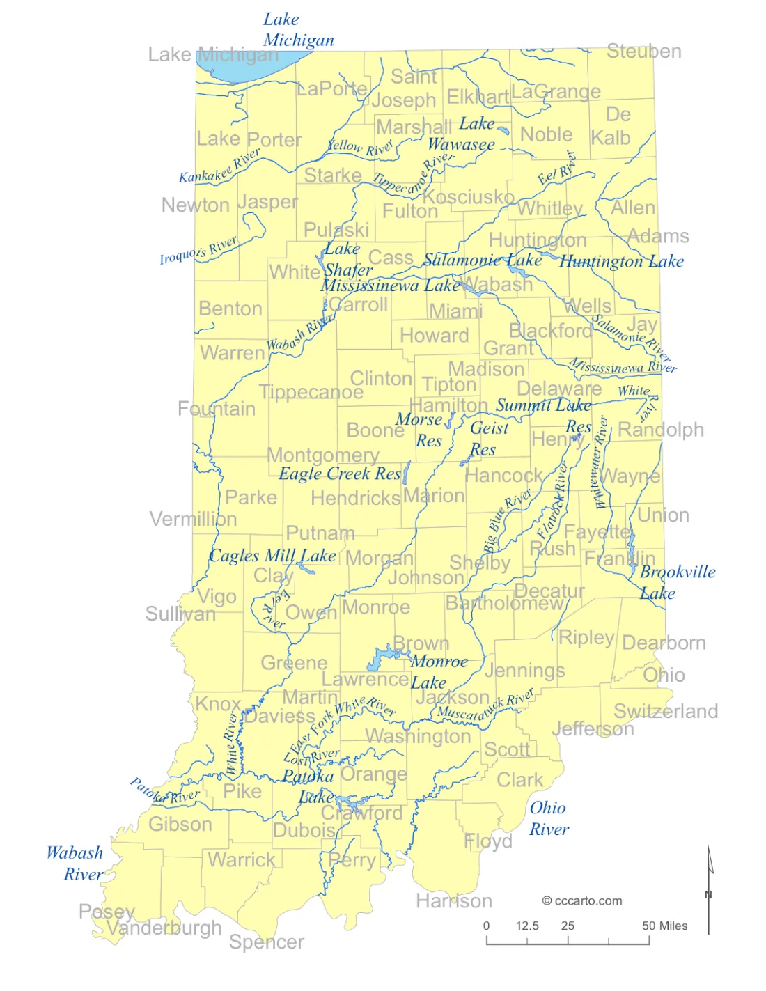 Indiana Lakes and Rivers State Map