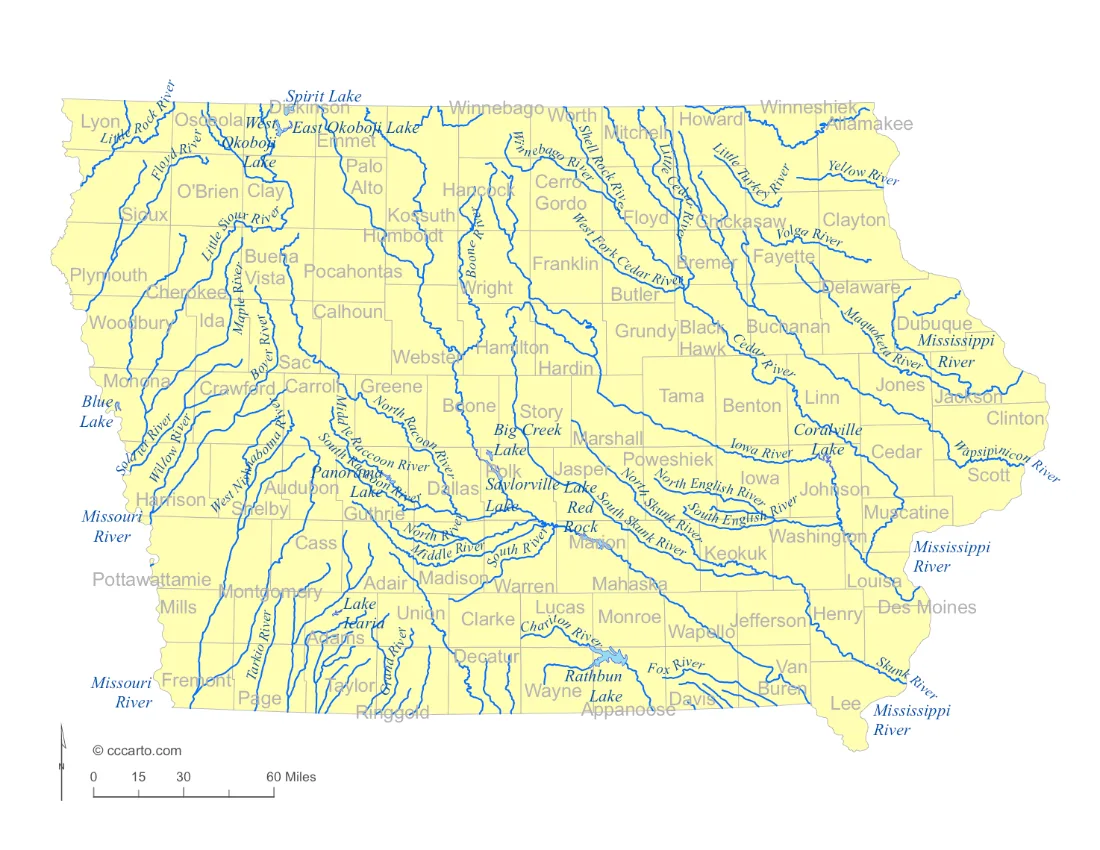 Iowa Lakes and Rivers State Map