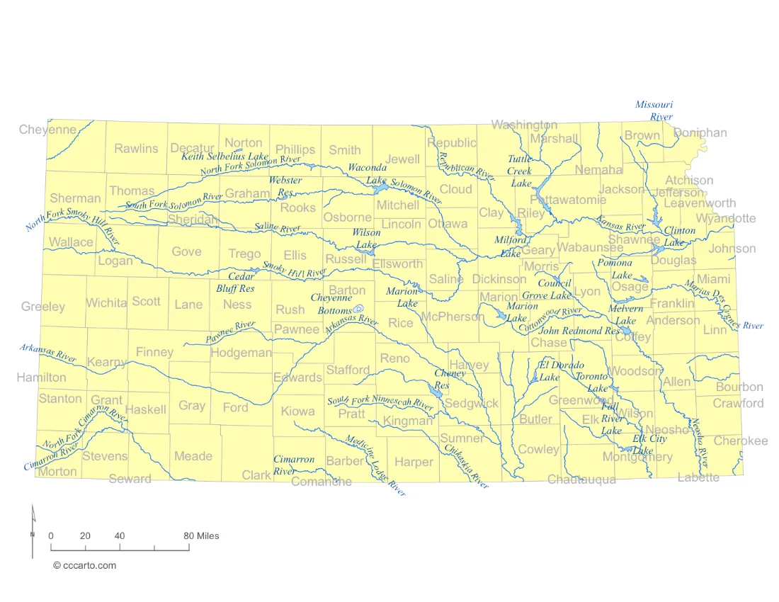 Kansas Lakes and Rivers State Map