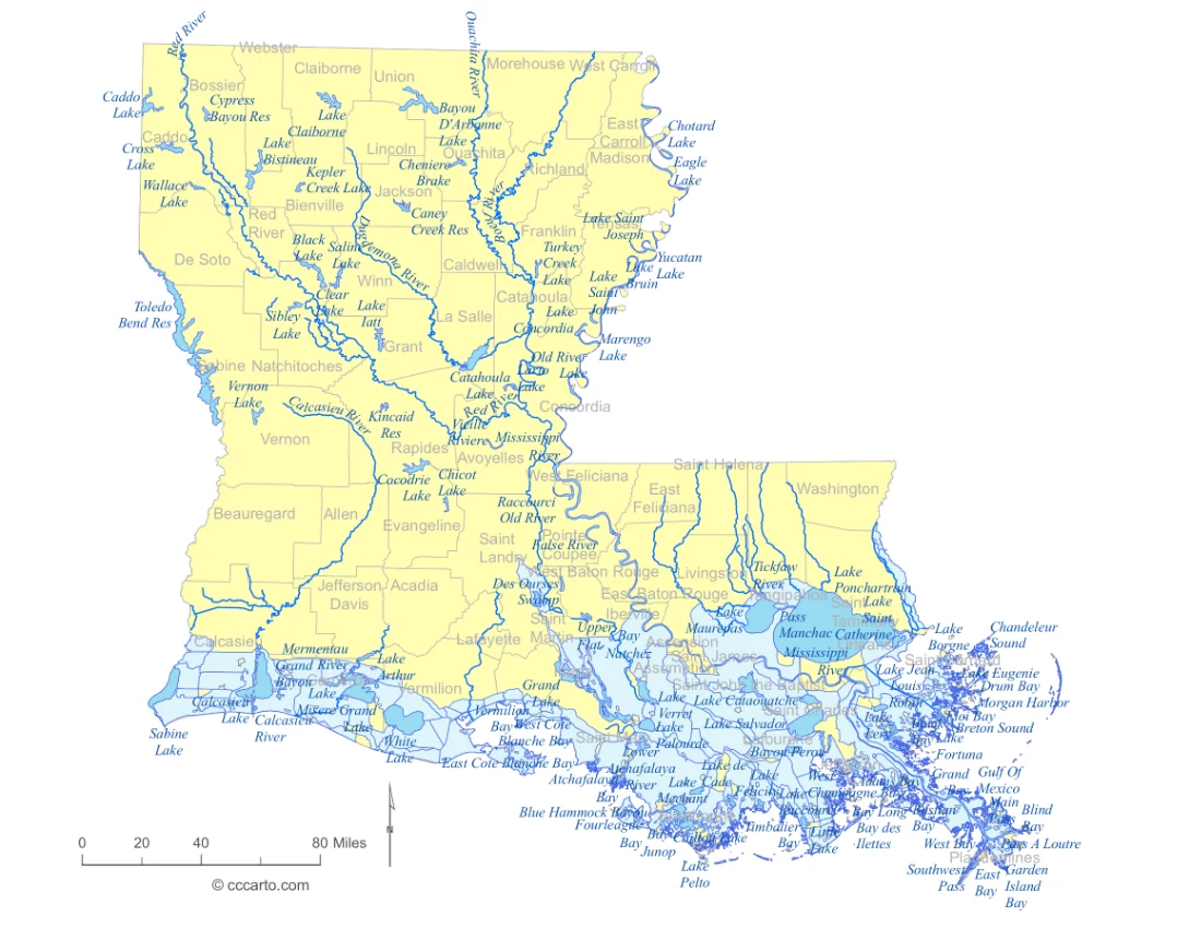 Louisiana Lakes and Rivers State Map